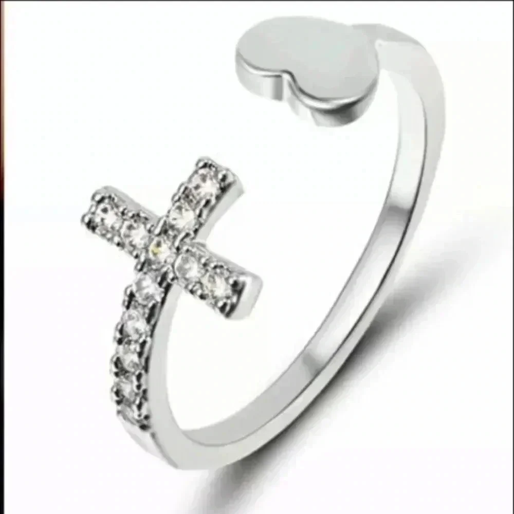 Silver Crystal Cross & Heart Adjustable Free Size Open Ring NWT